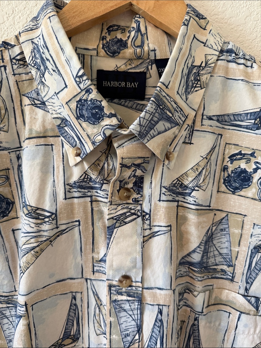 Harbor Bay Beige/Blues Short-Sleeve Nautical Print Button-Down Shirt, 2XL Tall